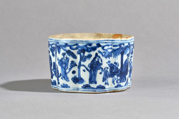 A unusual Chinese blue and white  box, Wanli mark and period, of eight-lobed form, each lobe painted with a scholar and attendant in a landscape, blue