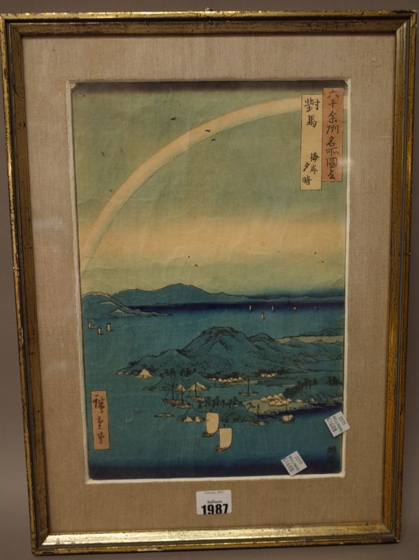 Utagawa Hiroshige ( 1797-1858); a woodblock print, `Clear Evening on the Sea in Tsushima Province' from the series, Pictures of famous places in the s