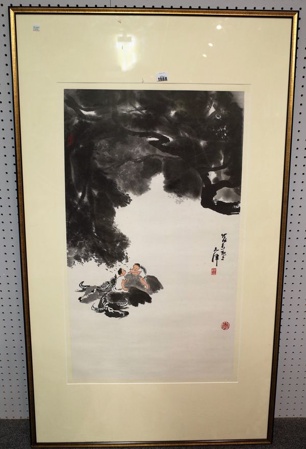 A Chinese print after Li Keran, modern, depicting two boys seated on water buffaloes, 88cm. by 50cm., framed and glazed.