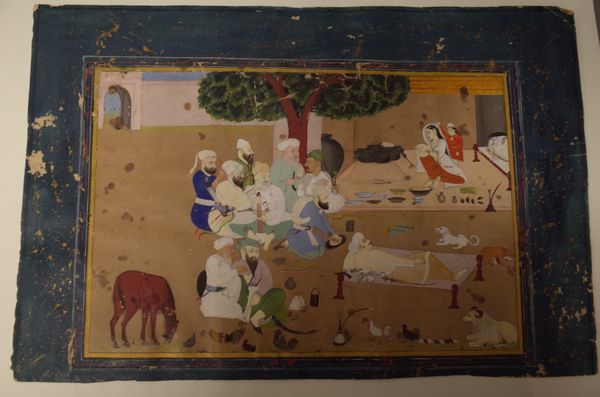 An Indian miniature, 18th/19th century, opaque pigments on card, painted with a group of men seated at leisure and observing a young woman preparing f