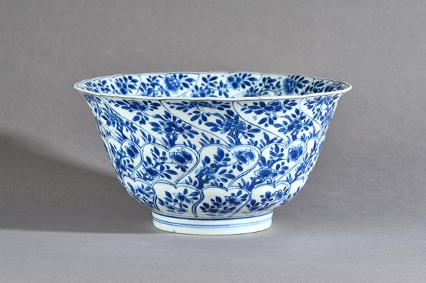 A Chinese blue and white bowl, Kangxi, the exterior moulded with shaped panels enclosing flowers, the interior painted with a panelof flowers issuing