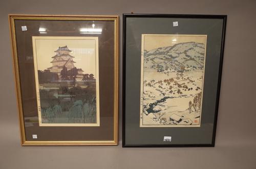 Toshi Yoshida ( 1911-1995), `Snow Country', a woodblock print, signed and titled in pencil, 37cm. by 24.5cm, mounted, framed and glazed; also a woodbl