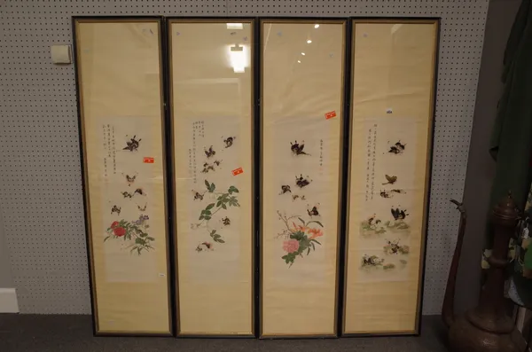 Four Chinese pictures, 20th century, watercolour over printed outlines, depicting butterflies amongst flowers, beside rows of text, images 84cm. by 26