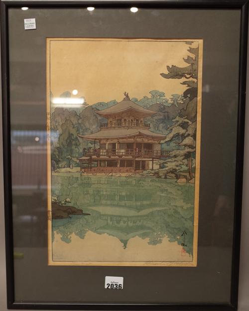 Hiroshi Yoshida ( 1876-1950), `Kinkakuji Kyoto', a woodblock print, signed and titled in pencil and with jizuri seal mark to left margin, 37cm. by 24c