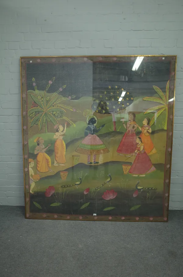 A large Indian picchvai, late 19th/20th century, opaque pigments on linen, painted with krishna and the gopis in a landscape, 174cm. by 158cm., framed