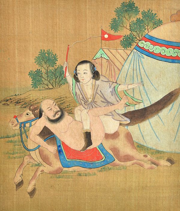 A Chinese erotic concertina album, 19th century, containing ten leaves in ink and colour on silk, depicting couples in amorous embraces on horseback,