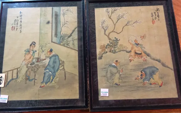 A pair of Chinese watercolours on silk, and a 19th century Chinese hair pin and 20th century box.
