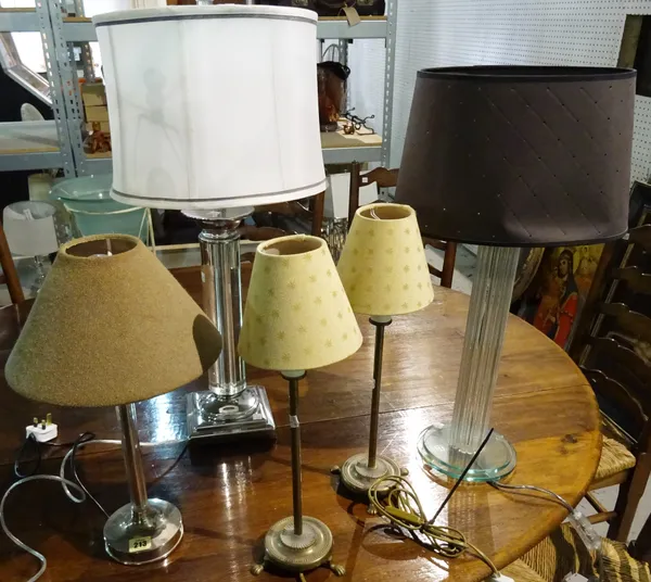 Lighting, including; a pair of brass table lamps and three chrome and glass table lamps, (5).