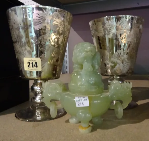 A 20th century Asian green hardstone sensor with elephant handles and dog of Fo finial and a pair of silvered glass beaker vases, (3).