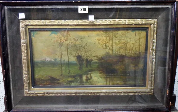 French School (19th century), Wooded river landscape, oil on panel, 19cm x 39cm.