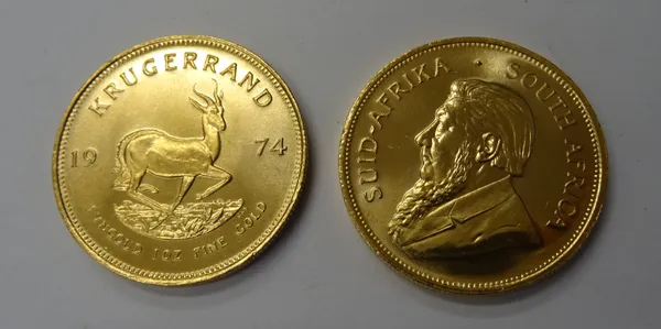 Two Krugerrands 1974 and 1982, (2).