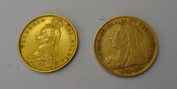 A Victoria Jubilee head half sovereign 1887 and a Victoria old head half sovereign 1899, (2).