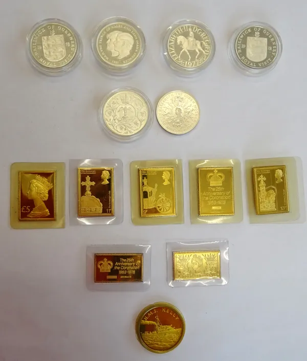 A group of proof commemorative coinage and ingots, comprising; two 1977 Silver Jubilee crowns, a 1980 crown and a 1981 crown, two Bailiwick of Guernse