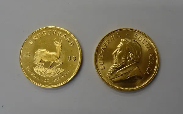 Two Krugerrands 1980 and 1982, (2).