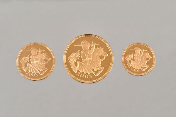 A United Kingdom 2005 gold proof three coin limited edition set, comprising; a two pound piece, a sovereign and a half sovereign, with a Certificate o