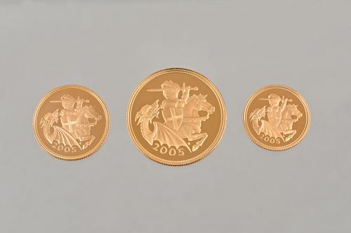 A United Kingdom 2005 gold proof three coin limited edition set, comprising; a two pound piece, a sovereign and a half sovereign, with a Certificate o