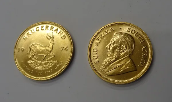 Two Krugerrands 1973 and 1974, (2).