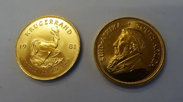 Two Krugerrands 1975 and 1981, (2).