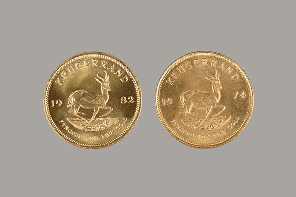 Two Krugerrands 1974 and 1982, (2). Illustrated