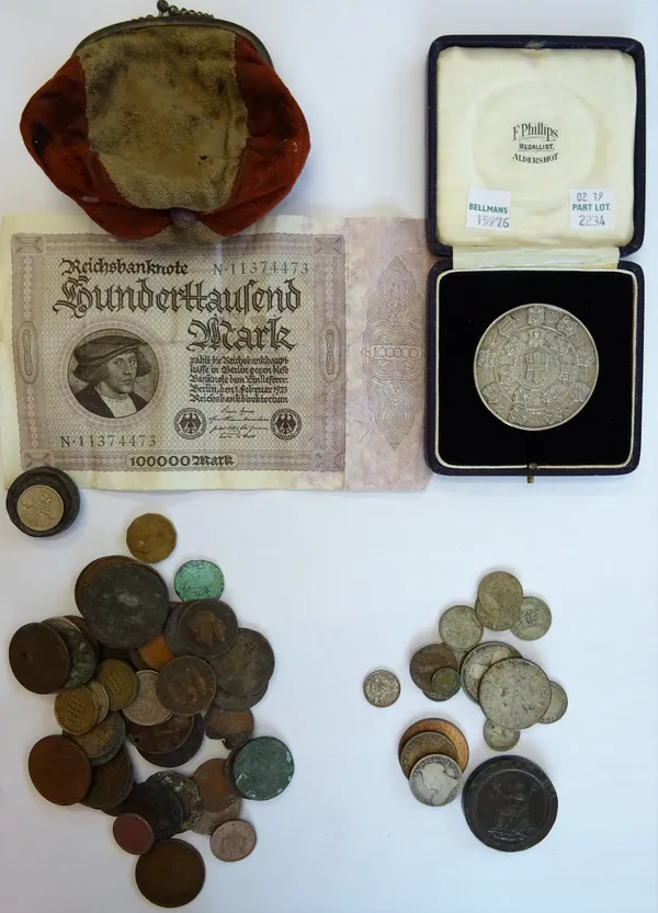 A silver medallion, detailed City & Guilds of London Institute Technological Examination, cased and a quantity of British and foreign coins, including