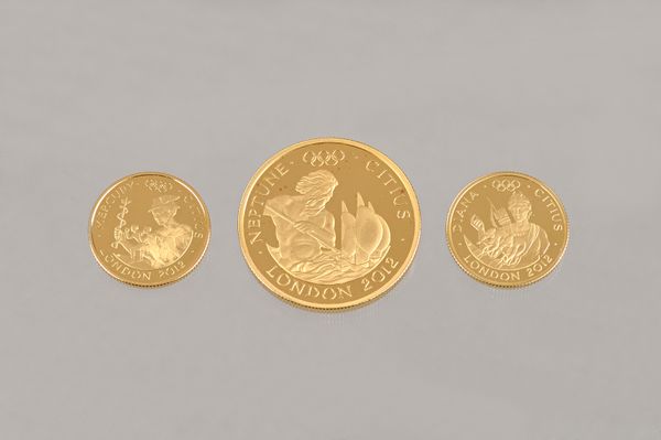 A gold proof three coin set, commemorating The London 2012 Olympic Games, comprising; Neptune, Mercury and Diana, having nominal values for collector'
