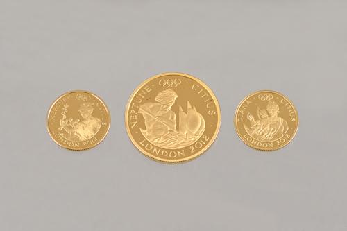 A gold proof three coin set, commemorating The London 2012 Olympic Games, comprising; Neptune, Mercury and Diana, having nominal values for collector'