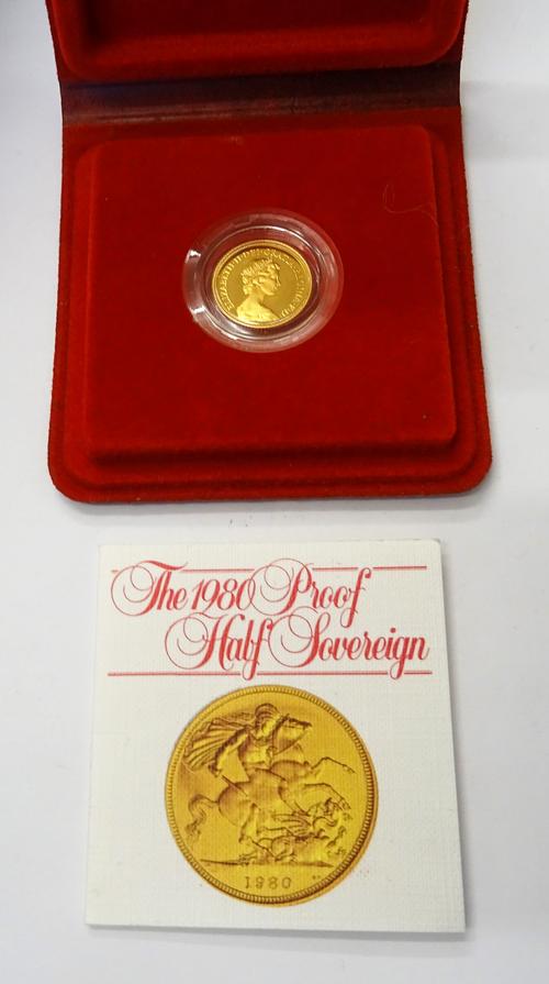 An Elizabeth II proof half sovereign 1980, with paperwork detail and a Royal Mint case.