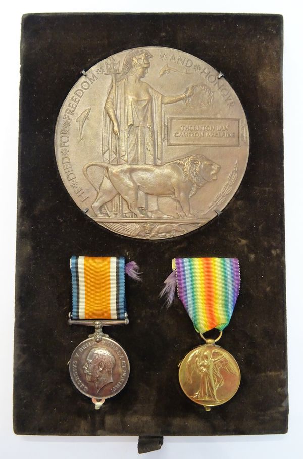 A 1914-18 British war medal and a 1914-19 Victory medal to 2138415 PTE.T.I.C. MACLAINE. 29-CAN. INF, with a first world war period bronze memorial pla