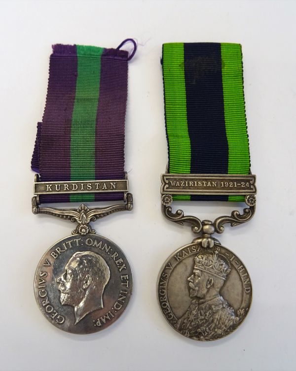 The General Service Medal George V issue with bar Kurdistan to 026953 PTE.H.C.WALKER R.A.O.C. and The India General Service Medal George V issue with