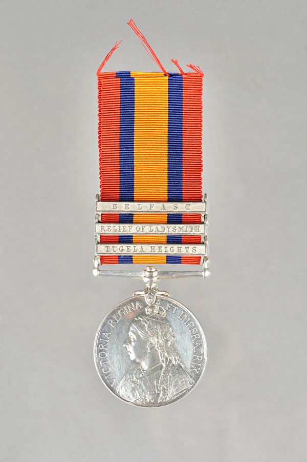 The Queen's South Africa Medal with three bars Tugela Heights, Relief of Ladysmith and Belfast to 3558 PTE J.JONES. MANCH; REGT (has probably been lac