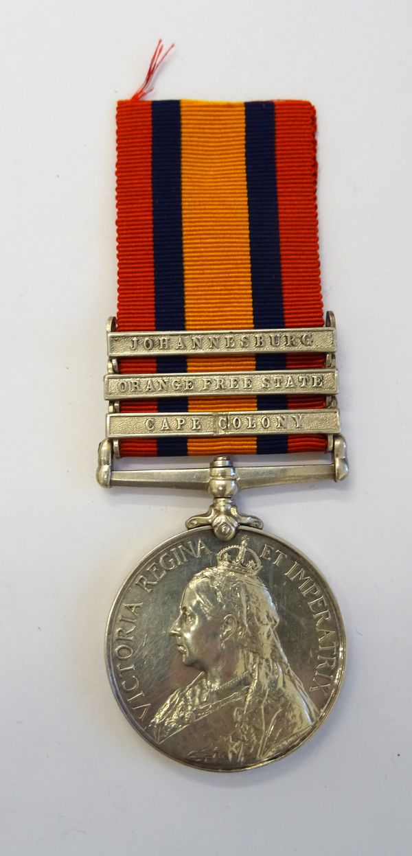 The Queen's South Africa Medal with three bars Cape Colony, Orange Free State and Johannesburg to 4627 CORL A.TOPHAM, CHES; REGT (impairment to the ce