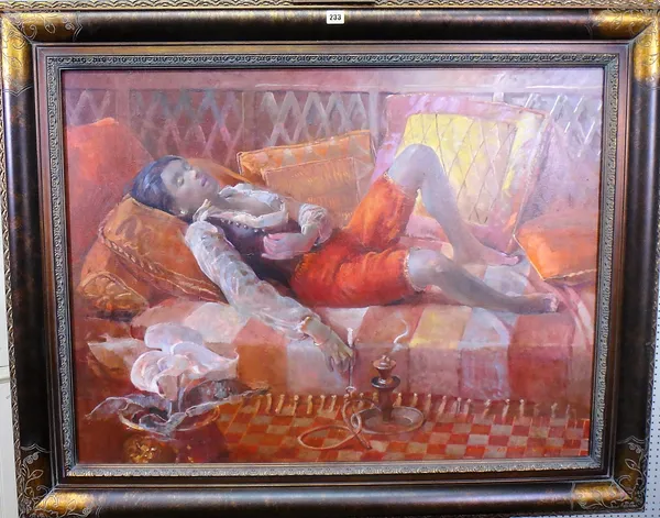 Julian Gordon Mitchell (b.1968), An opium smoker reclining on a chaise, oil on canvas, signed, 75cm x 100cm.