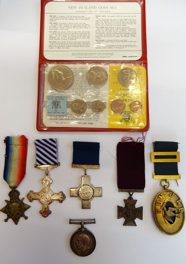 A 1914-15 Star to 3281 PTE J.H.WATT. CAN:A.M.C., a 1914-18 British War Medal to 12-23304 PTE.W.LEKEY. R.INNIS.FUS., three copy medals, comprising; V.C