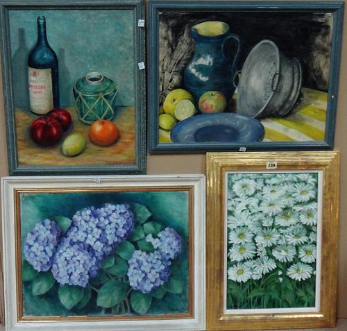 A group of nine, including six oil and watercolour still life subjects, a print after Holbein and others.(9)