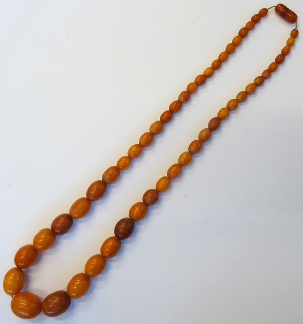 A single row necklace of graduated vary coloured oval butterscotch coloured amber beads, gross weight 44.1 gms.