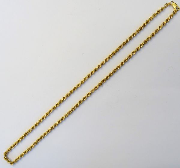 A gold ropetwist link neckchain, detailed 750 on a sprung hook shaped clasp, detailed 750, weight 14.6 gms.