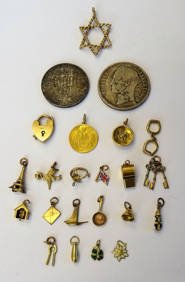 Fourteen mostly 9ct gold charms, including; a whistle, a frying pan and a flag, a 9ct gold heart shaped padlock clasp, a 9ct gold Star of David pendan