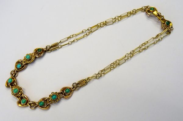 A gold and turquoise set necklace, the front designed as a row of turquoise and seed pearl clusters, between pairs of heart shaped turquoise set links