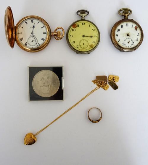A Victorian diamond and half pearl set and black enamelled mourning ring, mounted with the four half pearls to the central cluster, apparently unmarke
