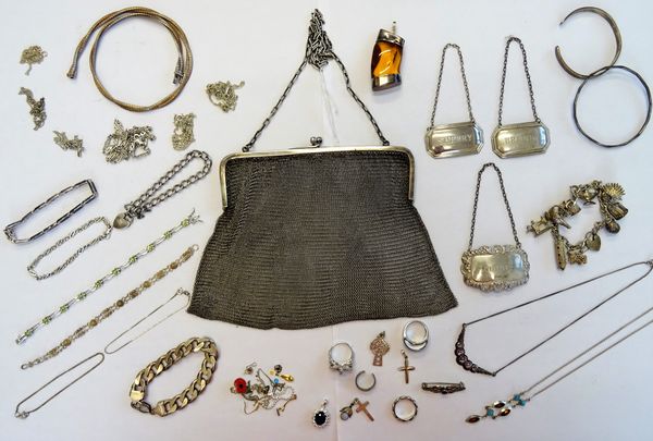 Mostly silver, comprising; a charm bracelet, eight further bracelets, two bangles, a brooch, six pendants and charms, four rings, two gem set necklace