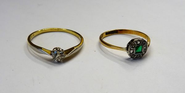 A gold and diamond single stone ring, claw set with a cushion shaped diamond, detailed 18, ring size S and a half and a gold, diamond and green gem se