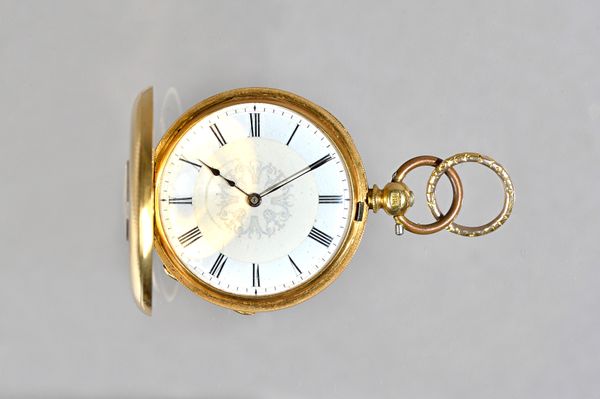 A ladies gold cased key wind half hunting cased fob watch, with a gilt jeweled cylinder movement, the decorated enamel dial with black Roman numerals,