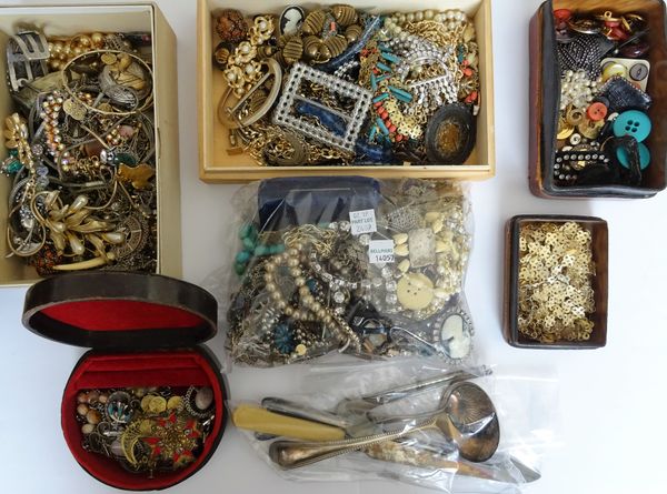 A collection of costume jewellery, including; necklaces, earrings, bangles, imitation pearls, brooches and further items, various trinket boxes and si