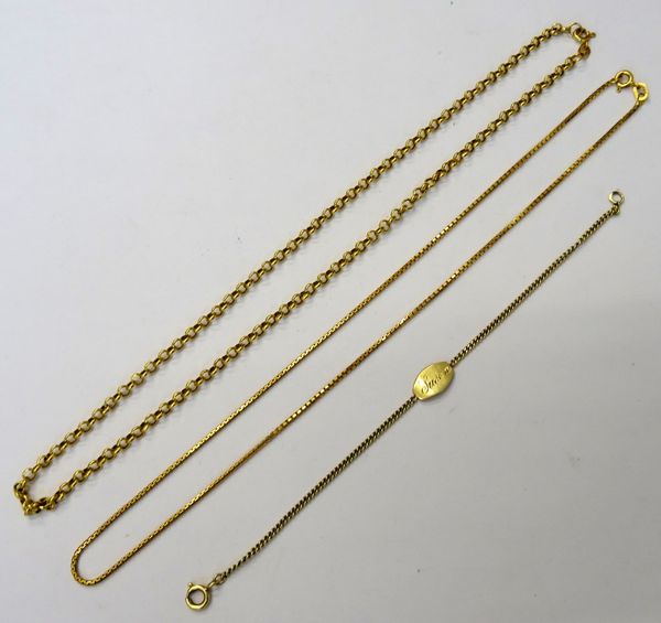 A 9ct gold box link neckchain, on a boltring clasp, weight 3.7 gms, a 9ct gold circular link neckchain, on a boltring clasp, weight 3.3 gms and a gold