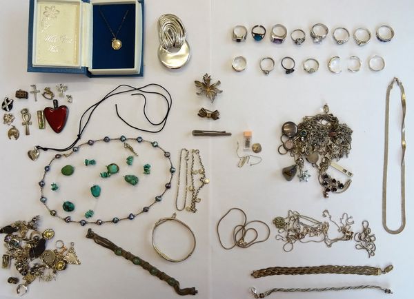 Silver and other jewellery, comprising; fourteen rings, twenty pairs of earrings, five bracelets, eight necklaces and chains, eleven pendants and char