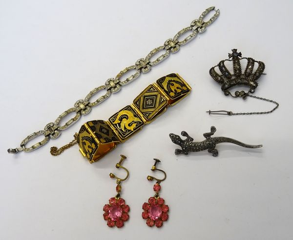 A rose diamond set brooch, designed as a crown, a pair of pink paste set oval cluster pendant earrings, two bracelets and a marcasite set brooch desig