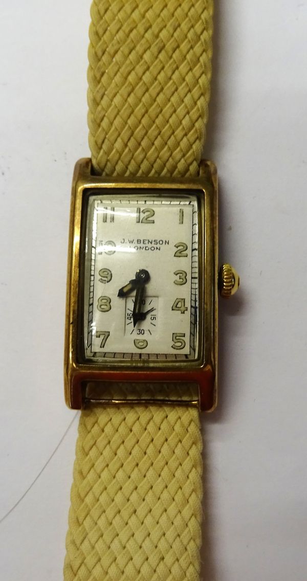 A J.W. Benson, London 9ct gold rectangular cased gentleman's wristwatch, the signed silvered dial with Arabic numerals and with subsidiary seconds, fi