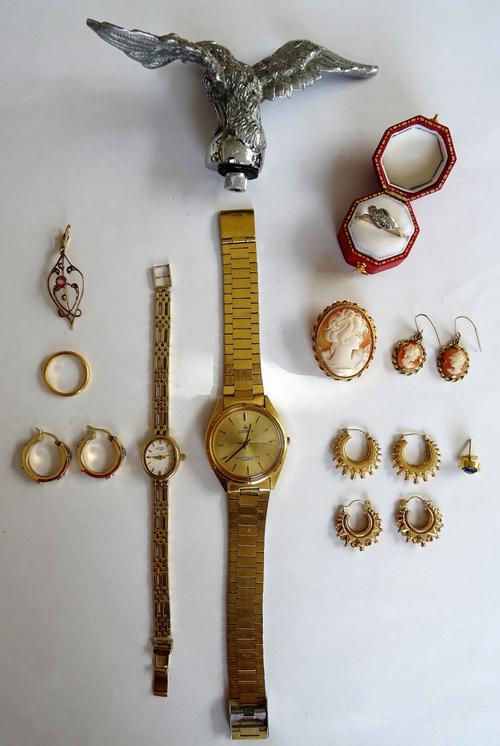 A 22ct gold plain wedding ring, Birmingham 1925, weight 3.6 gms, two pairs of 9ct gold earrings, a gold and platinum, diamond set four stone ring, in