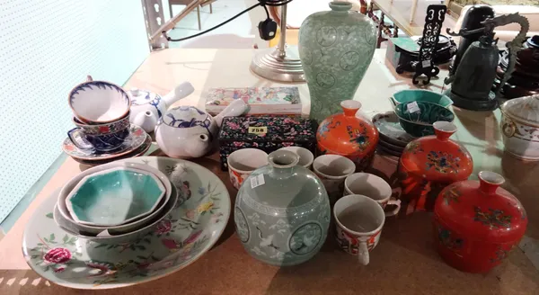 Asian ceramics including; five pairs of 18th century tea cups and saucers, Cloisonne, Korean vase and sundry (Qty.).
