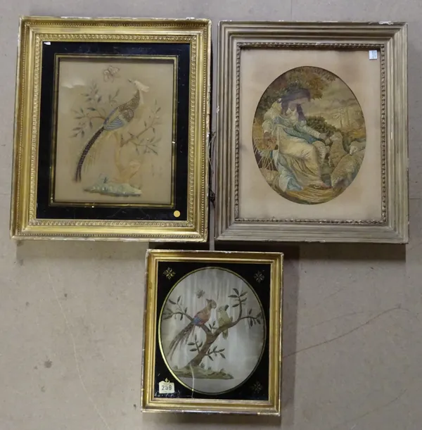 Three 19th century framed and glazed needlework panels including two of birds and a religious scene of Rebecca at the well (3).
